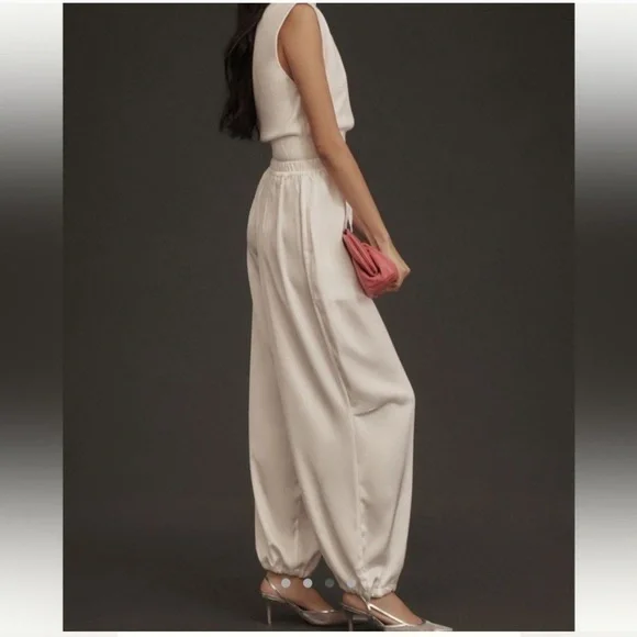 NWOT Anthropologie Maeve White Silky Parachute Pants Size Large - Picture 2 of 5
